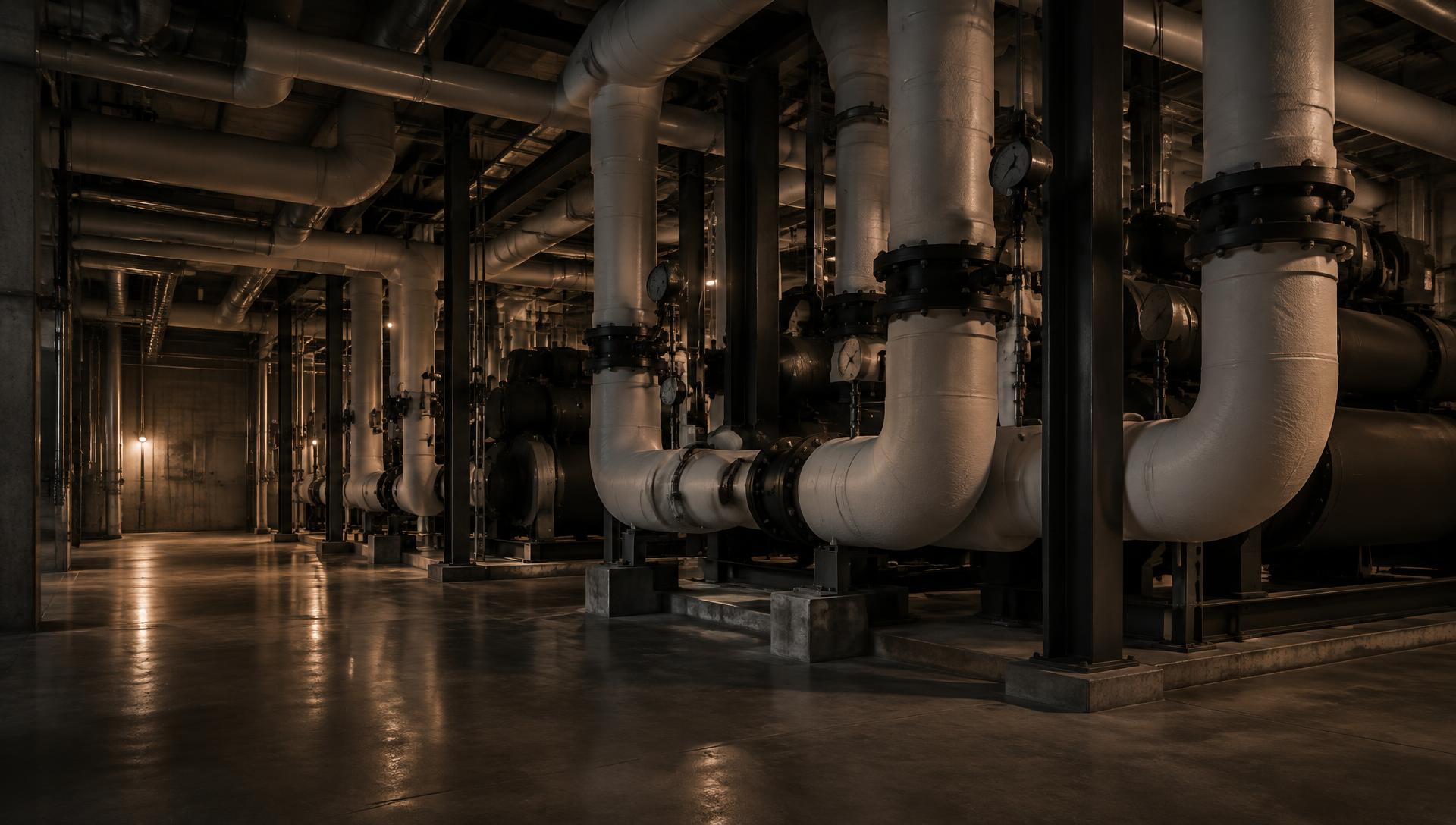 Chilled water piping and mechanical equipment inside a commercial central plant