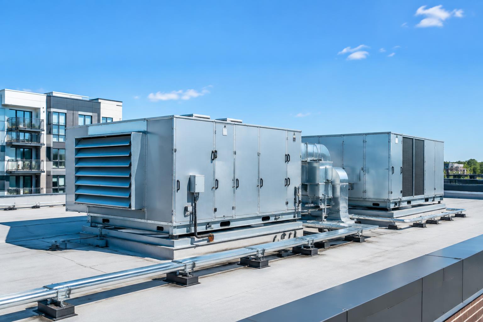 Commercial rooftop HVAC units serving a residential complex